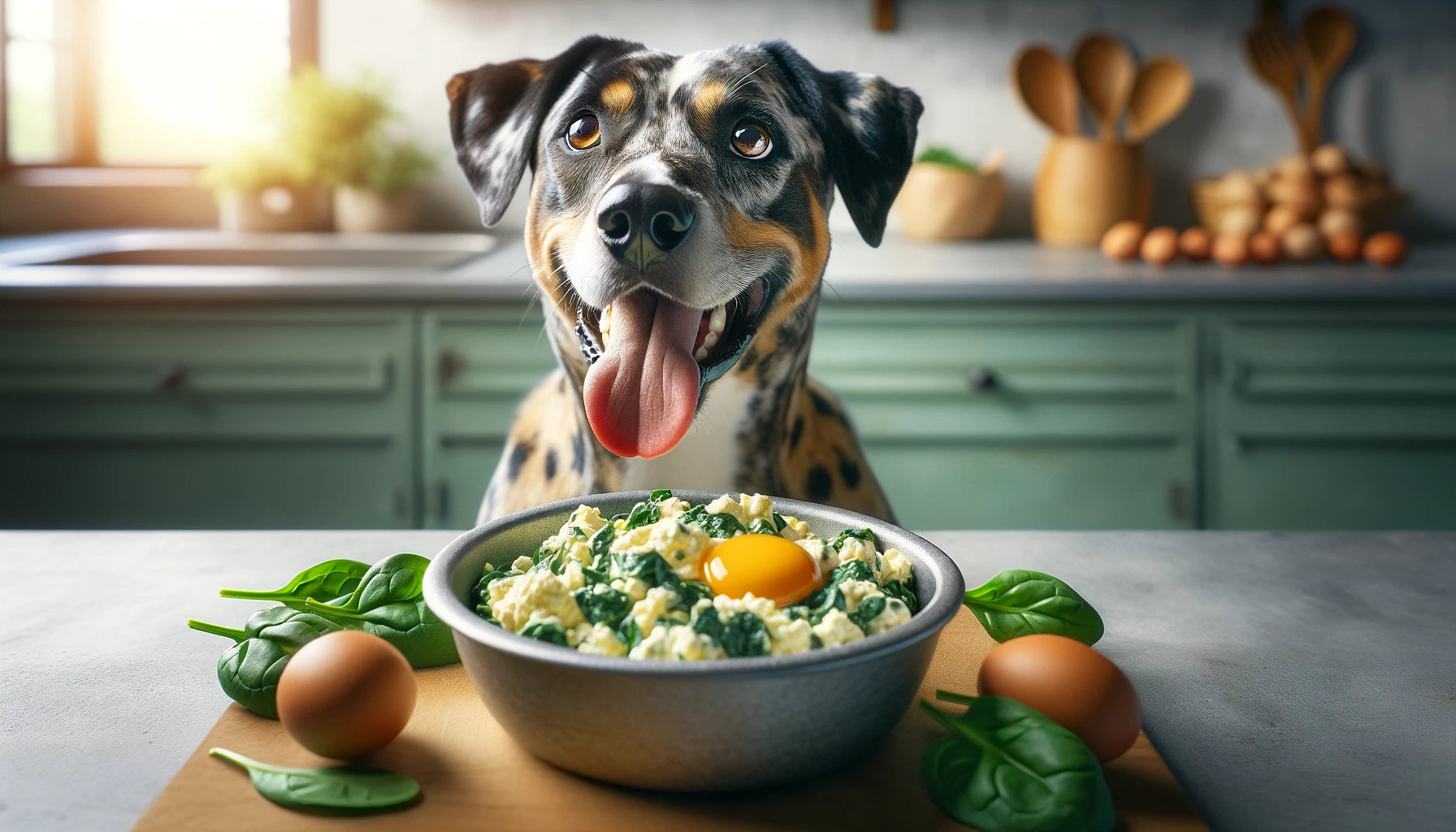 Egg Spinach Scramble in a dog's bowl with a Catahoula Leopard Dog sitting next to it.