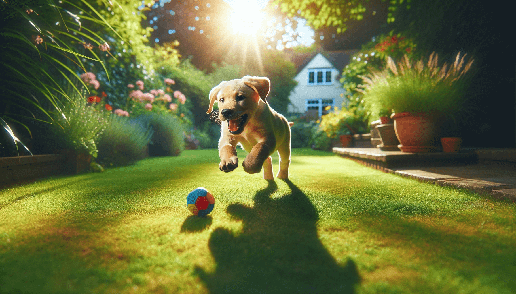 Energetic Labrador Retriever (Labradorii) puppy gleefully playing fetch in a sunlit backyard. The scene captures the puppy in mid-leap, eagerly chasing after a brightly colored ball.