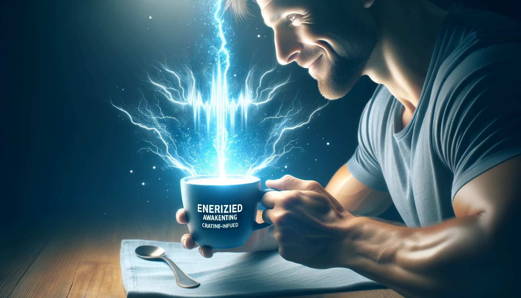 Energized Awakening - An image capturing the moment a person drinks their creatine-infused coffee with visible energy waves emanating from the cup.