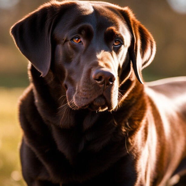 English Chocolate Lab with its fur glistening in sunlight highlighting coat texture