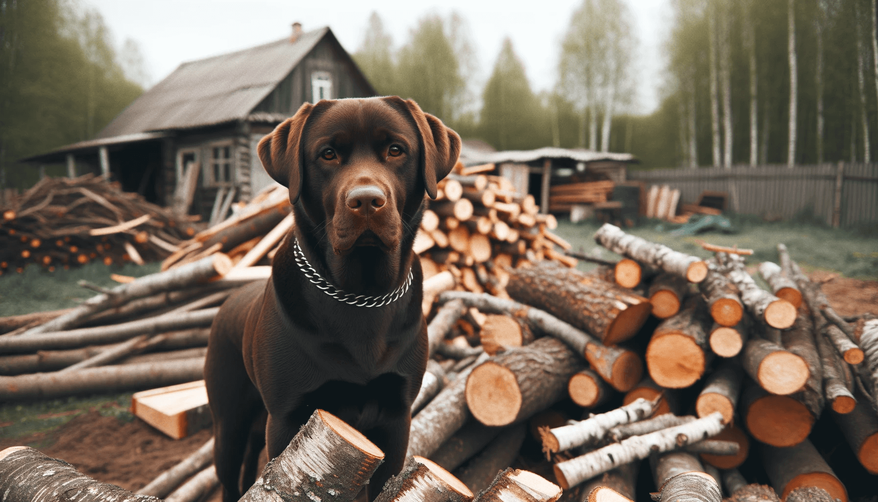 English Chocolate Labrador standing beside a pile of logs