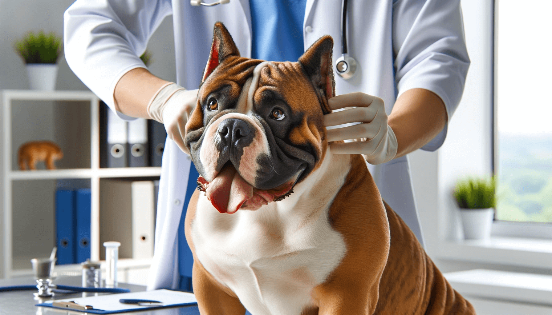 Exotic Bully at a vet clinic receiving a health check.
