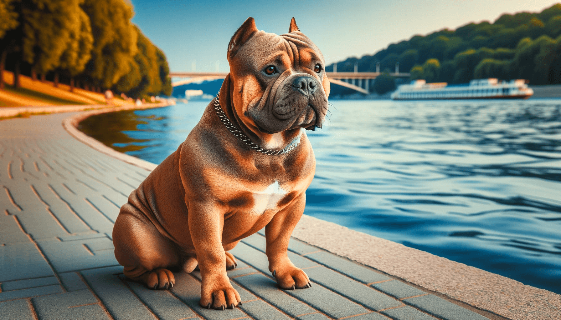 Exotic Bully sitting on pavement beside the water.