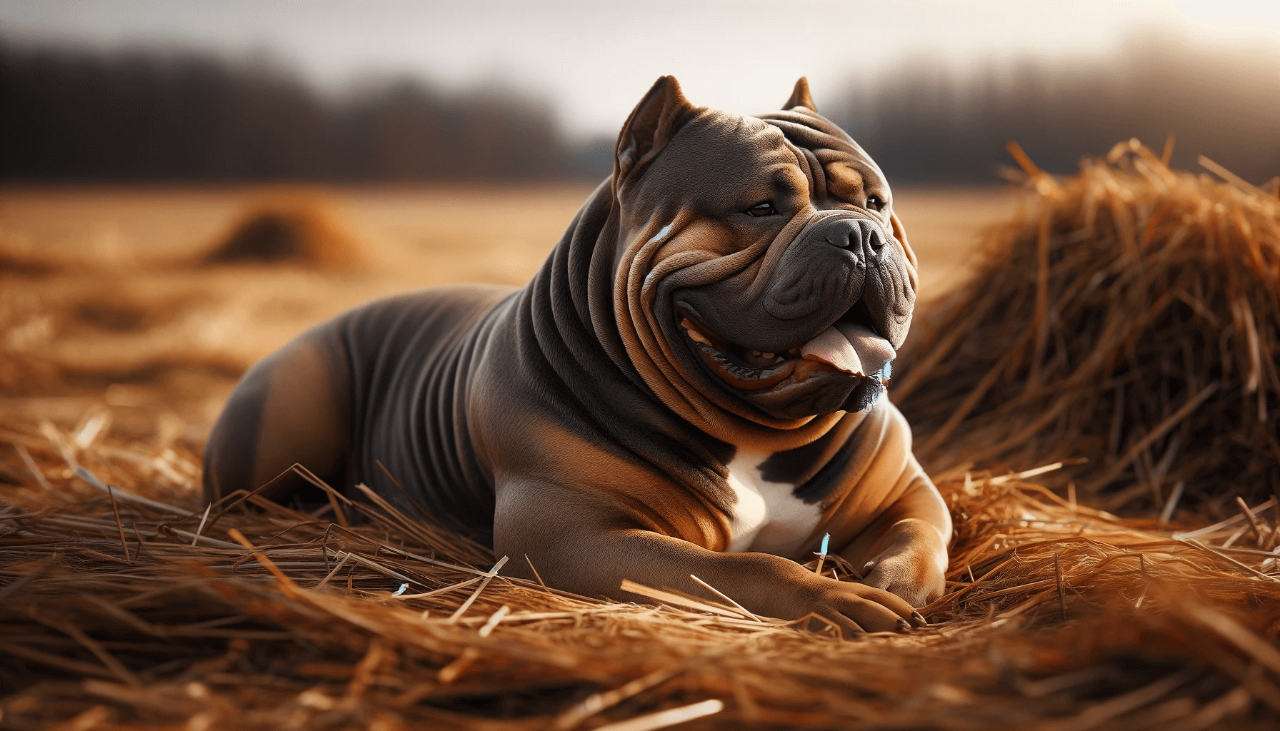 Exotic Bully lies comfortably sprawled on a patch of dry grass, looking relaxed and at ease.