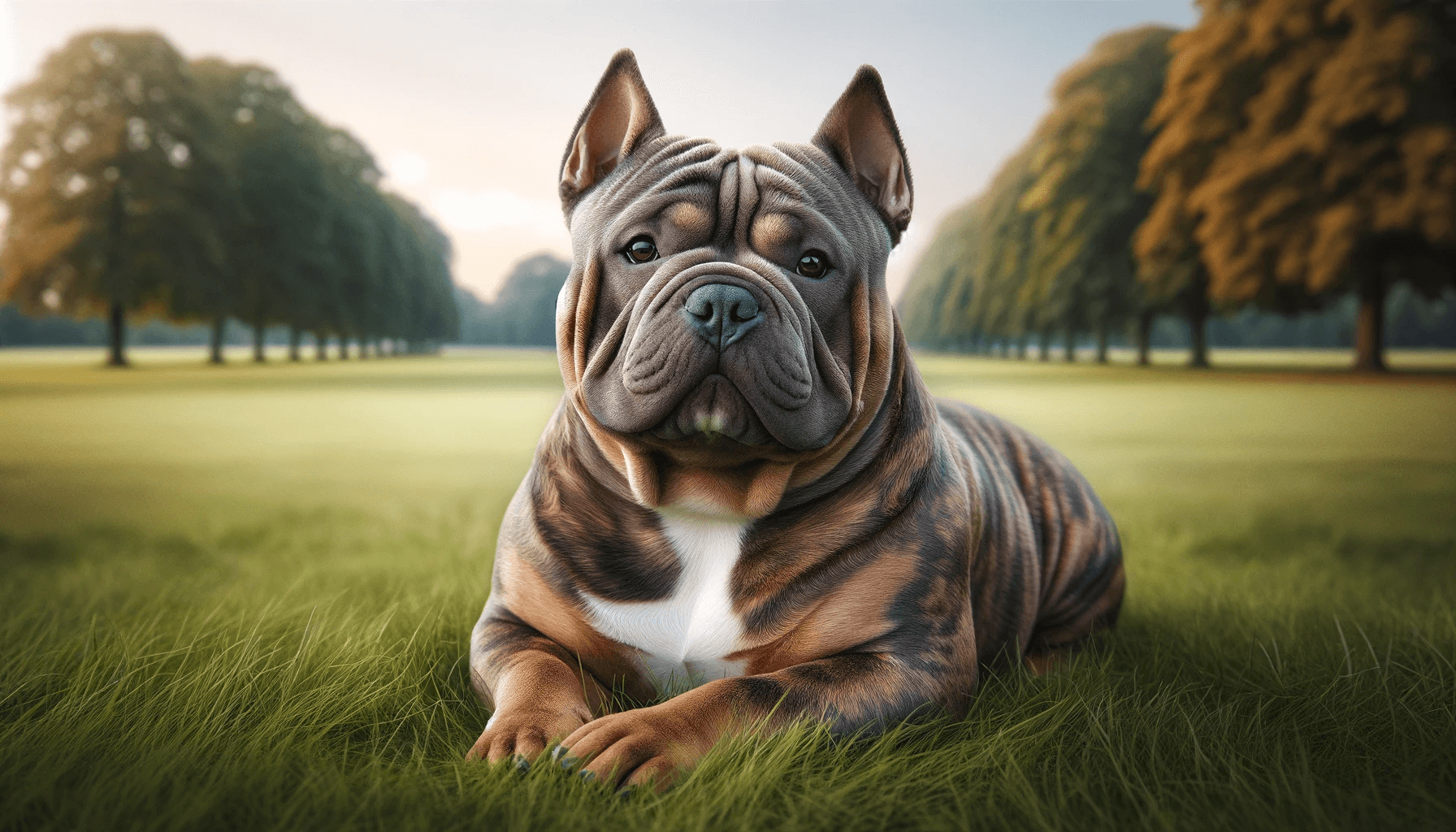 Exotic Bully lying in a grassy field showing a calm and self-assured expression.