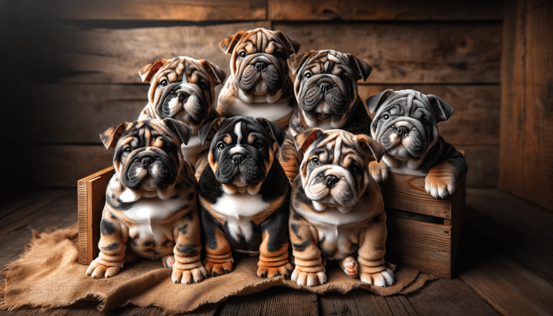 Exotic Bully puppies huddled together showcasing their chunky bodies and wide stances indicative of their breed.