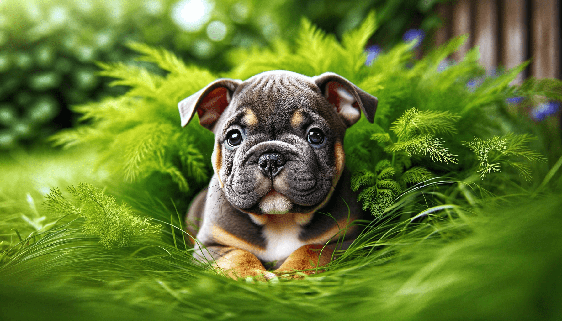 Exotic Bully puppy nestles in the grass, its stout and compact frame surrounded by vibrant greenery.