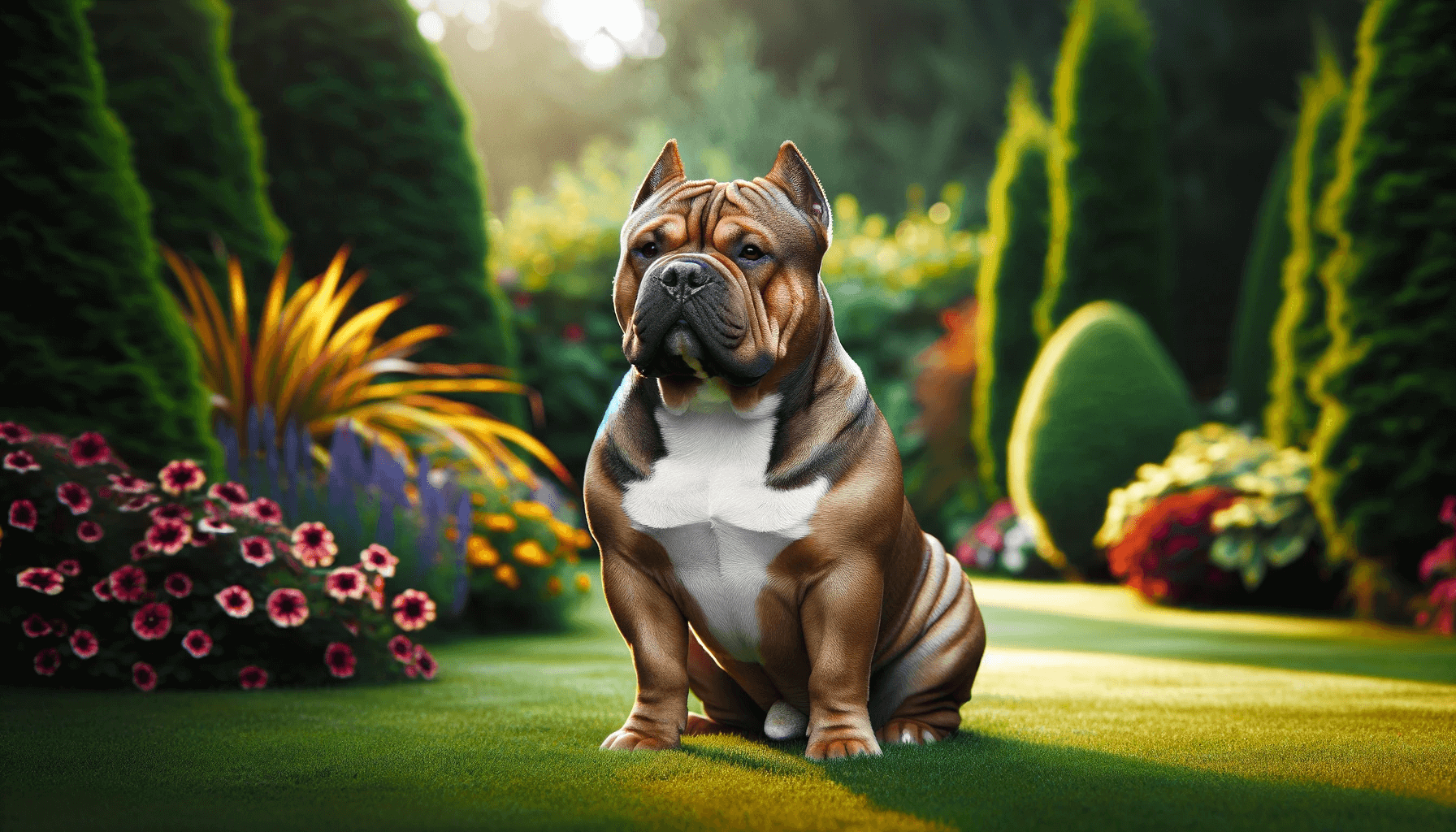 Exotic Bully sitting calmly in a serene garden with a sturdy frame.