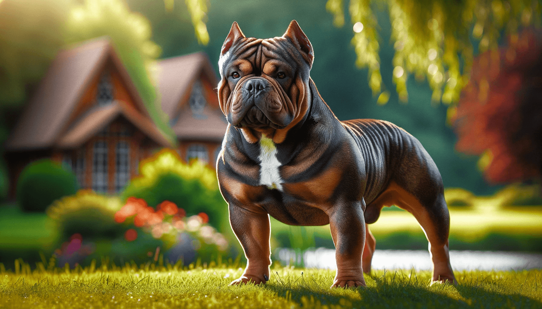 Exotic Bully standing in a picturesque outdoor setting, showcasing its compact and muscular physique with a gleaming coat.