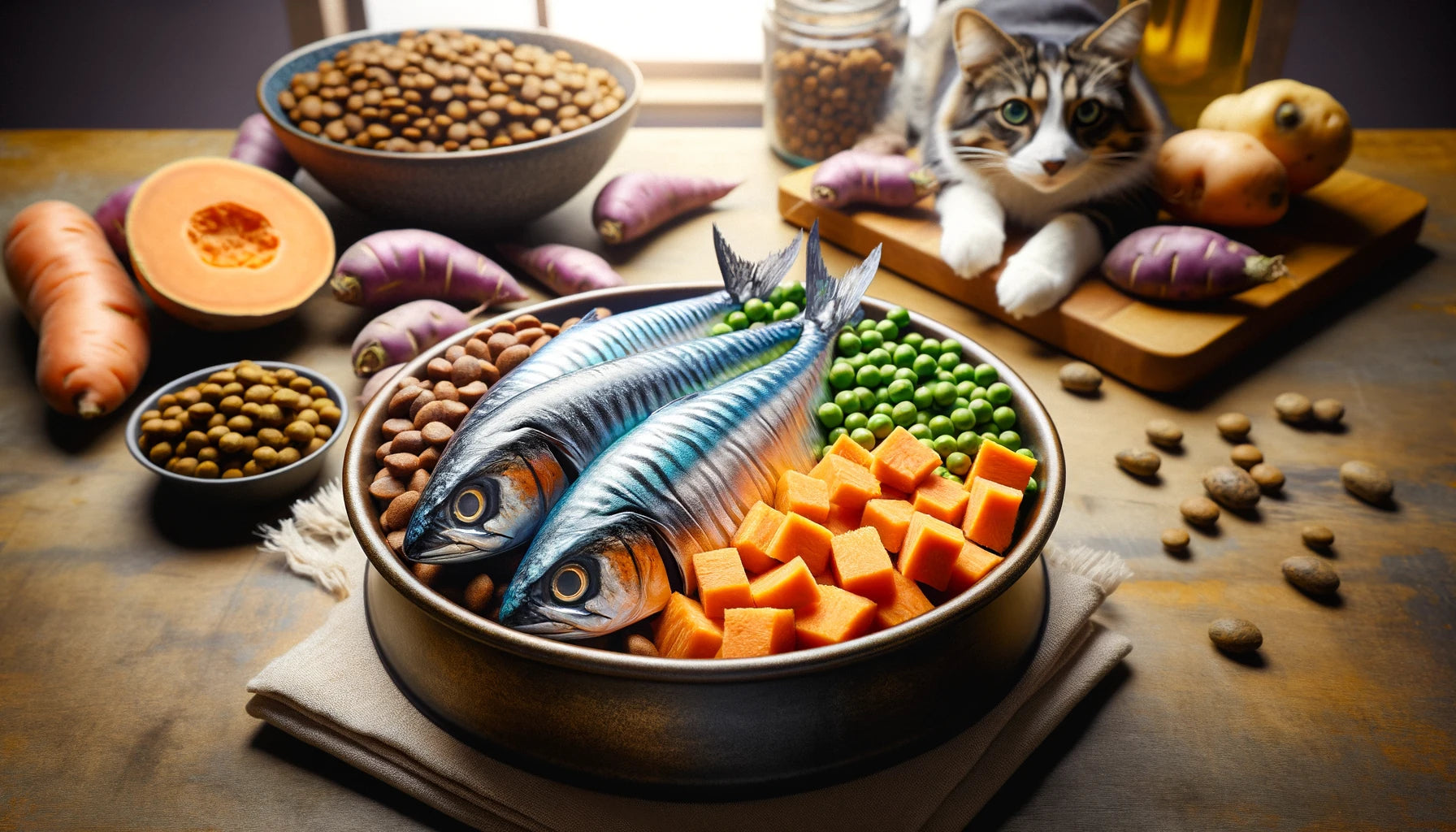 Fish Fiesta showcasing a nutritious blend of sardines or salmon, sweet potatoes, and peas.