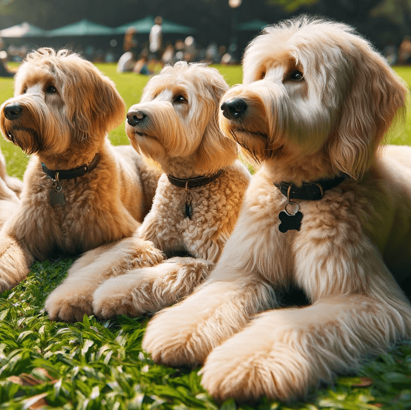 Four Labradoodle Dogs with Shaggy Cream-Colored Fur Lying Down on Vibrant Green Grass in a Park