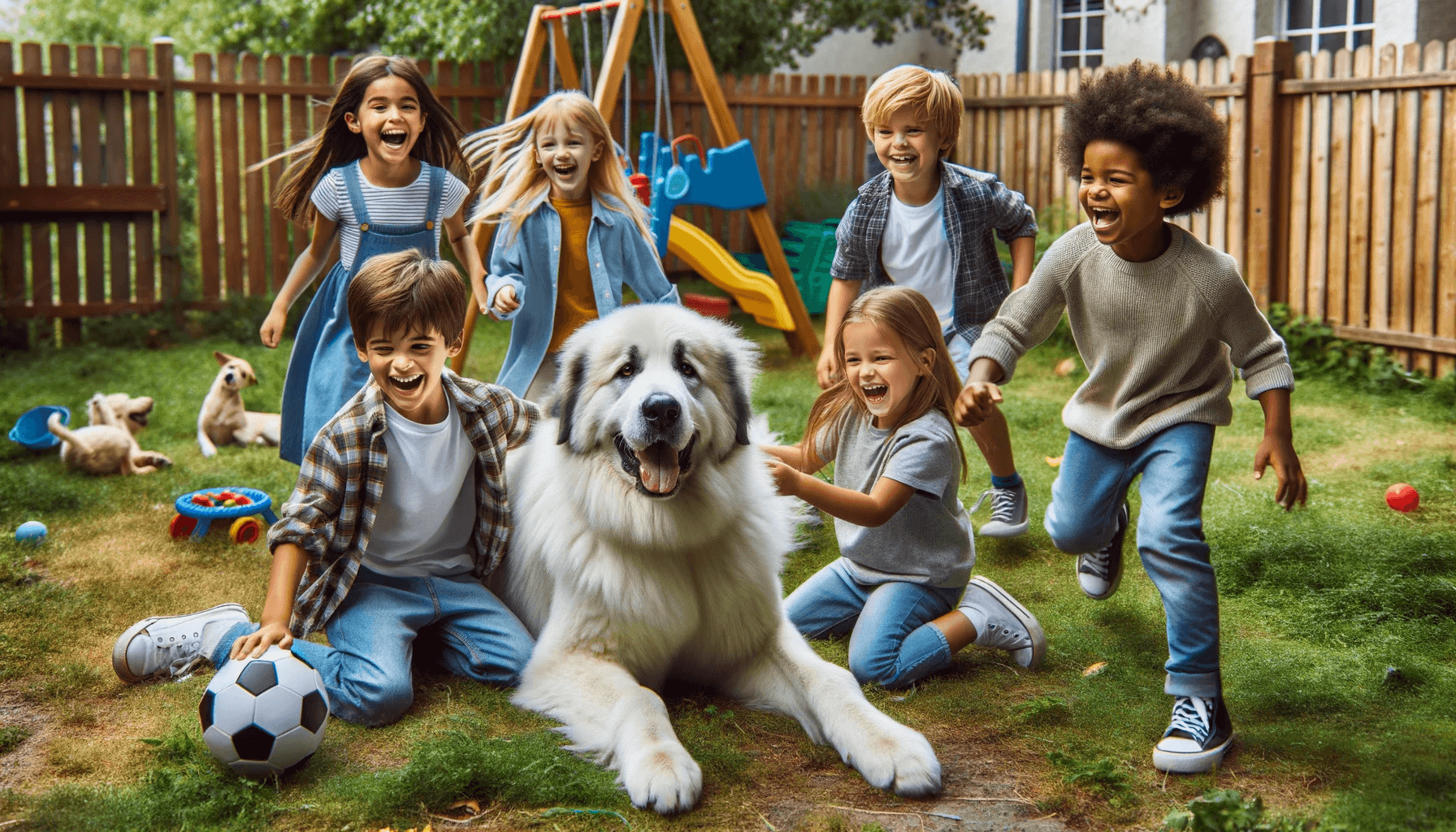 Great Pyrenees Lab Mix happily playing with children in the yard
