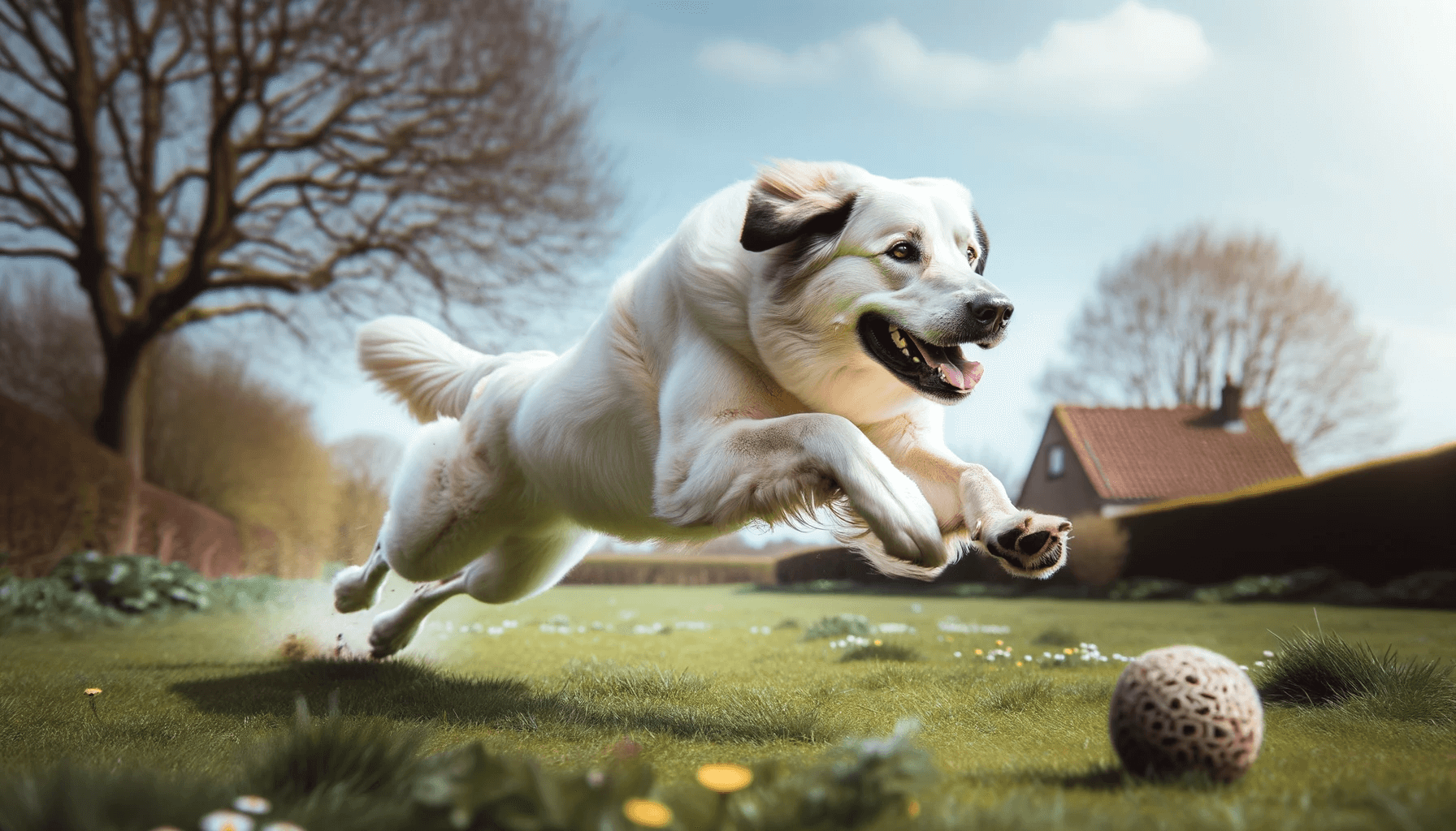Great Pyrenees Lab Mix looking like an Olympic sprinter while chasing a ball