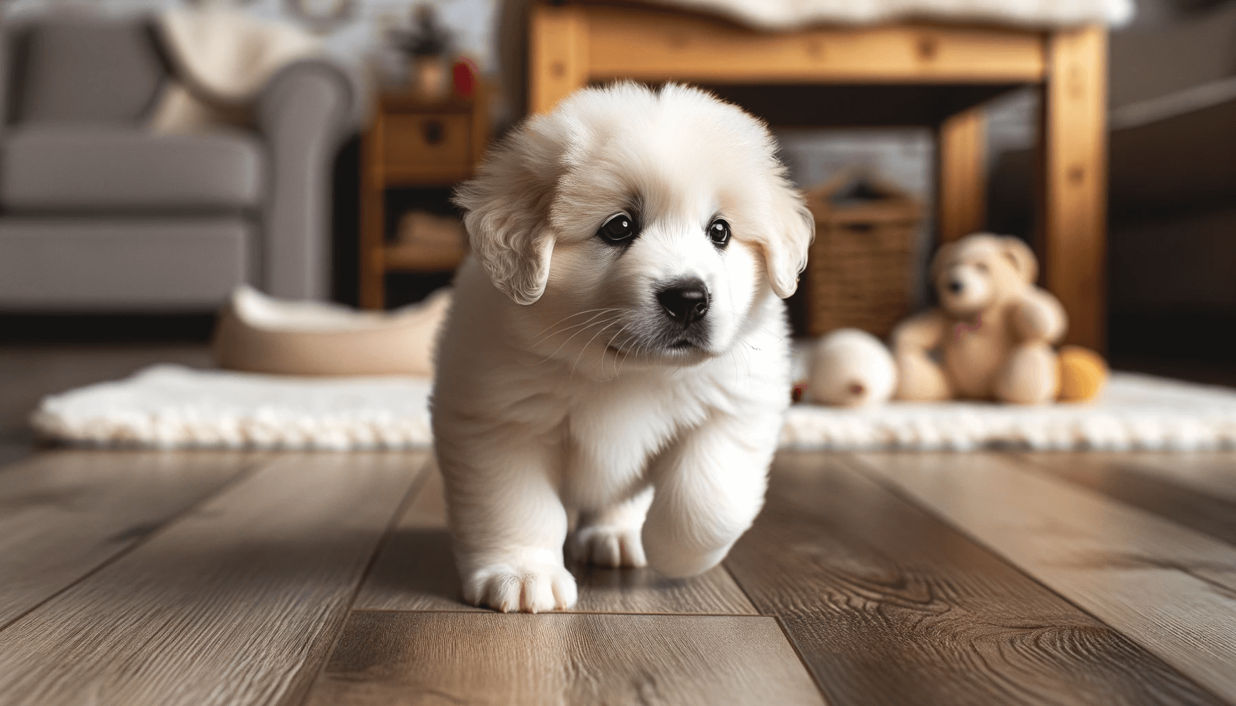 Great Pyrenees Lab Mix puppy taking its first wobbly steps