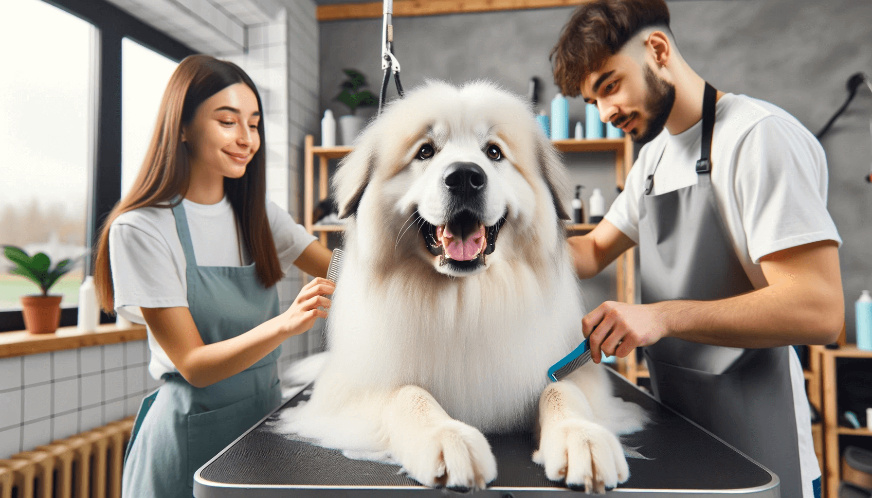 Great Pyrenees Lab Mix smiling wide during a grooming session