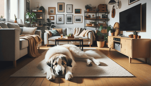 Great Pyrenees Lab Mix sprawled out comfortably in a small apartment living room