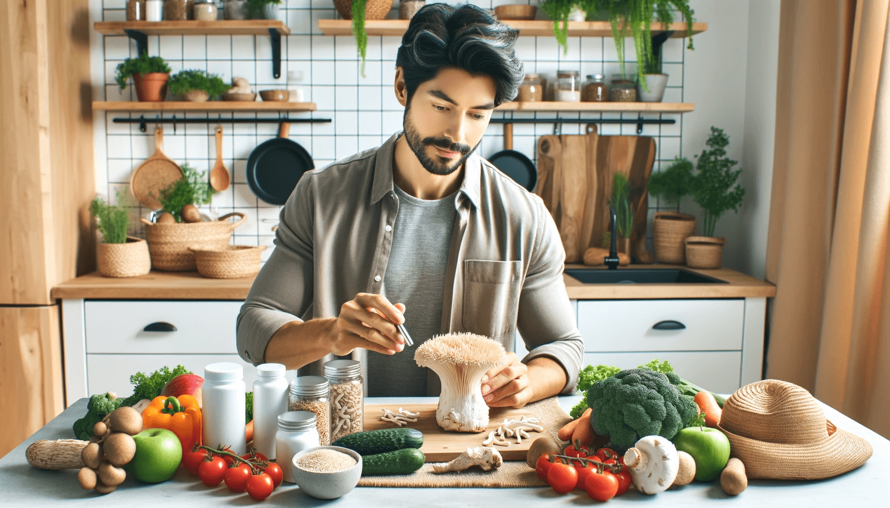 Health enthusiast incorporating Lion's Mane mushroom into a balanced diet and wellness routine, unlocking the full potential of this natural cognitive enhancer