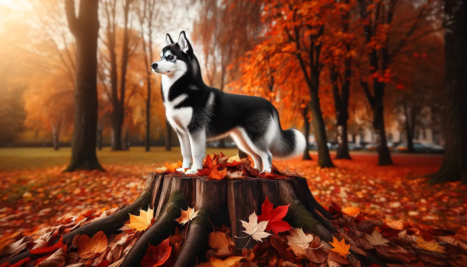 A Huskyhuahua perched on a tree stump amidst autumn leaves, displaying the black and white coloring of a Husky combined with the more compact, lean body.