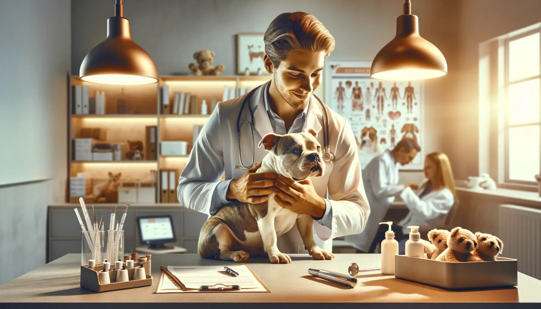 Imagine a warm inviting veterinary clinic scene where a veterinarian is examining a Pocket Bully dog.