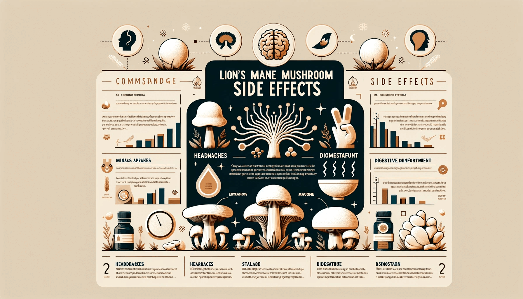 Infographic detailing common side effects of Lion's Mane mushroom, including headaches and digestive discomfort