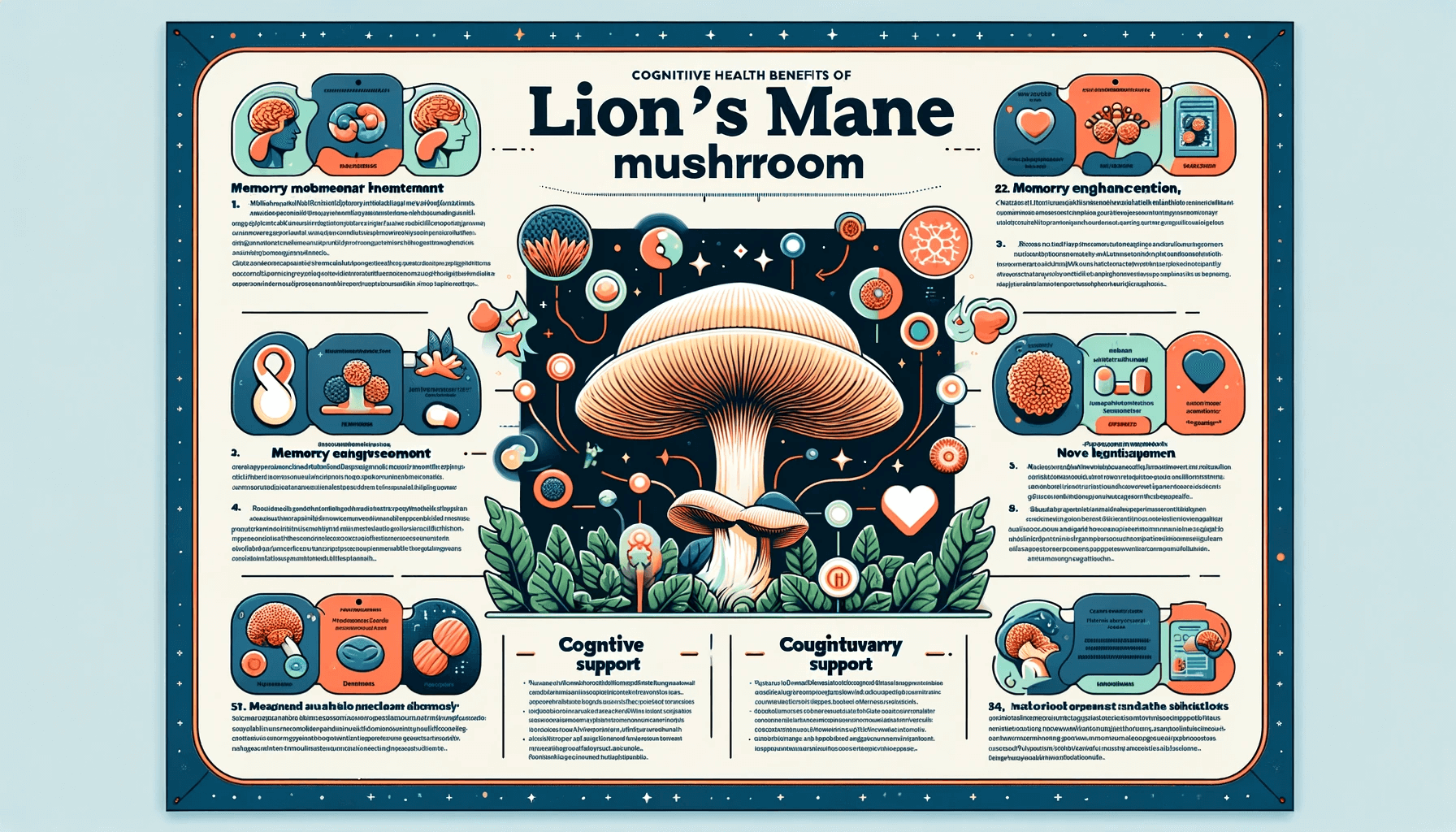 Infographic detailing the cognitive and neurological health benefits of Lion's Mane mushroom, a natural supplement for memory enhancement and nerve growth factor stimulation