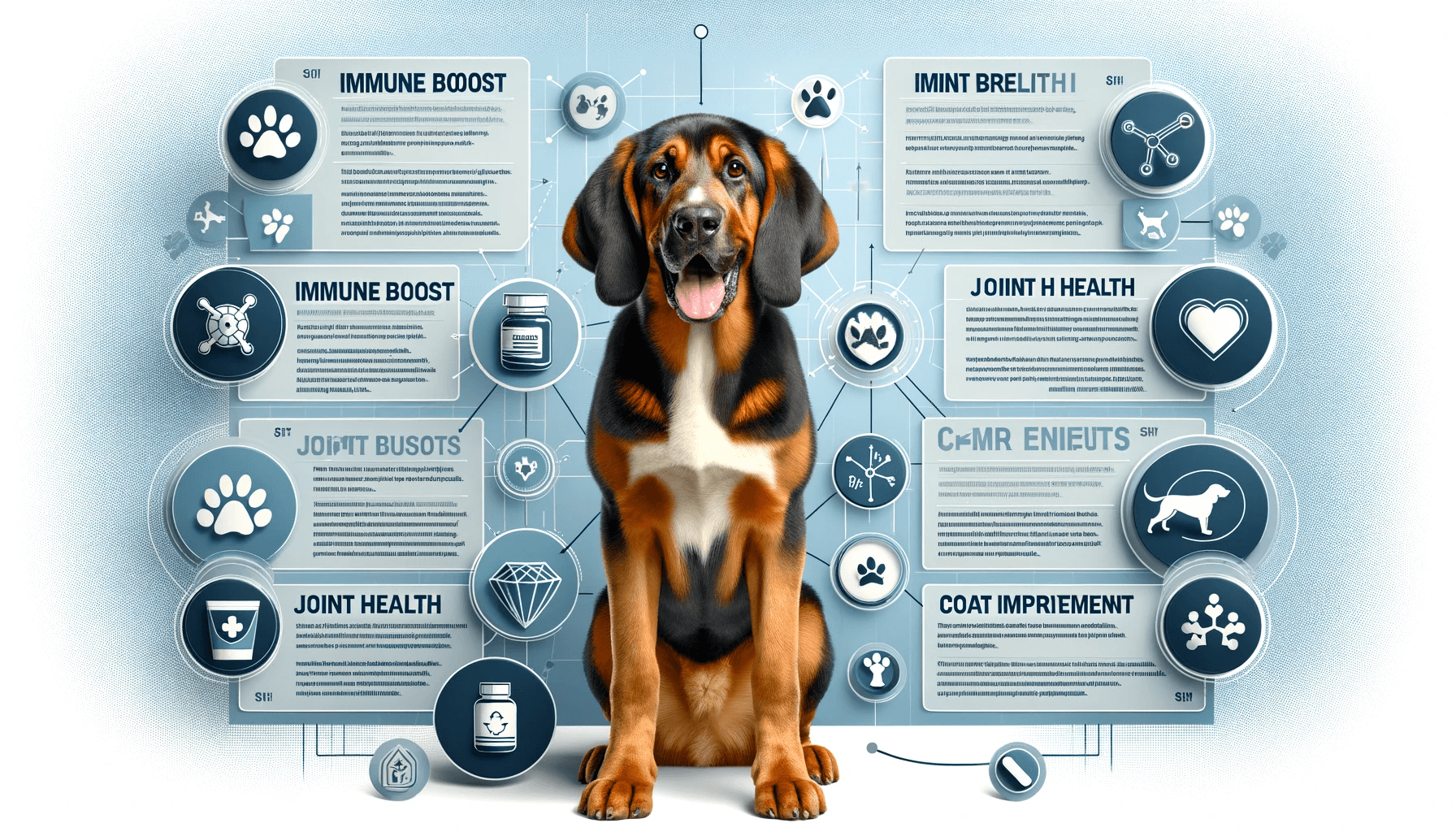 Lab Hound Mix (Labloodhound) and graphics highlighting key benefits of the supplements