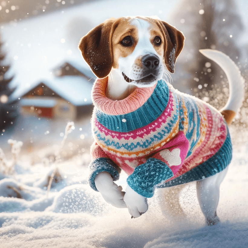Lab Pointer mix playing in snow with a sweater