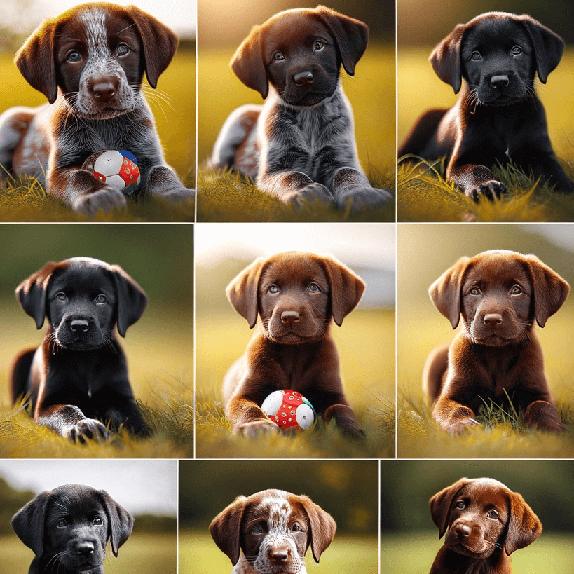 Collage of Lab Pointer mix puppies with different coat colors