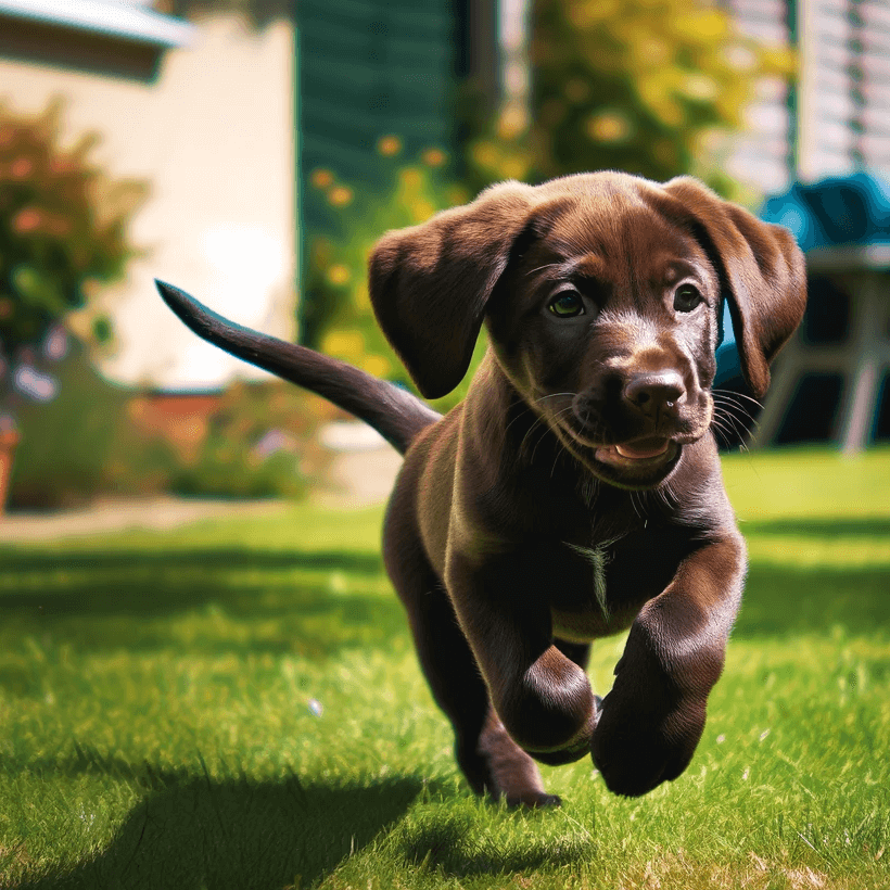 Lab Pointer mix puppy playing in a yard