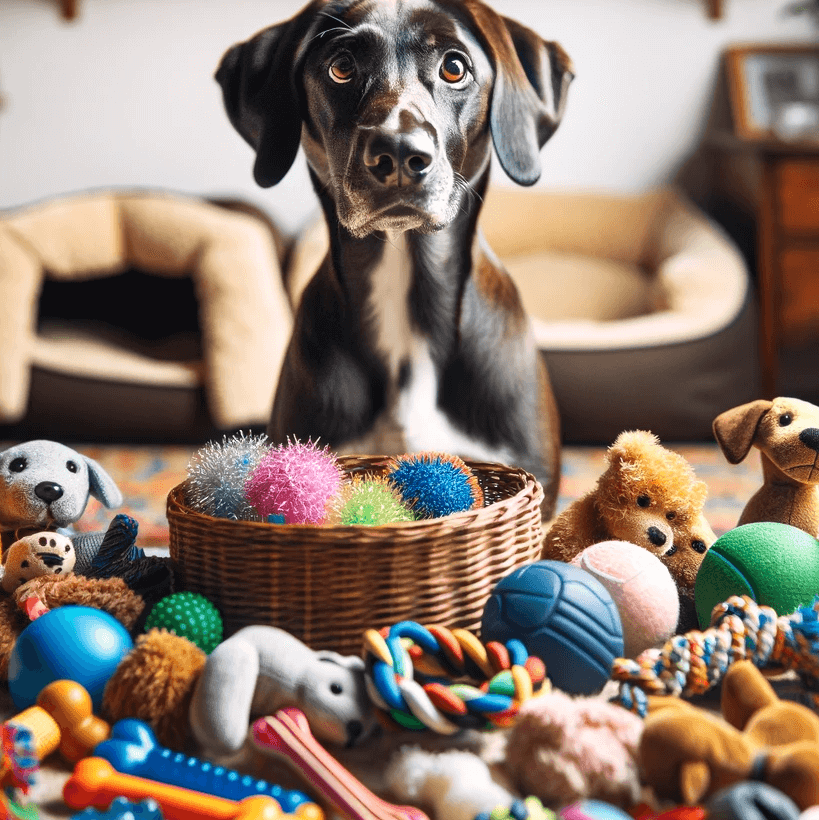 Lab Pointer mix with an array of toys