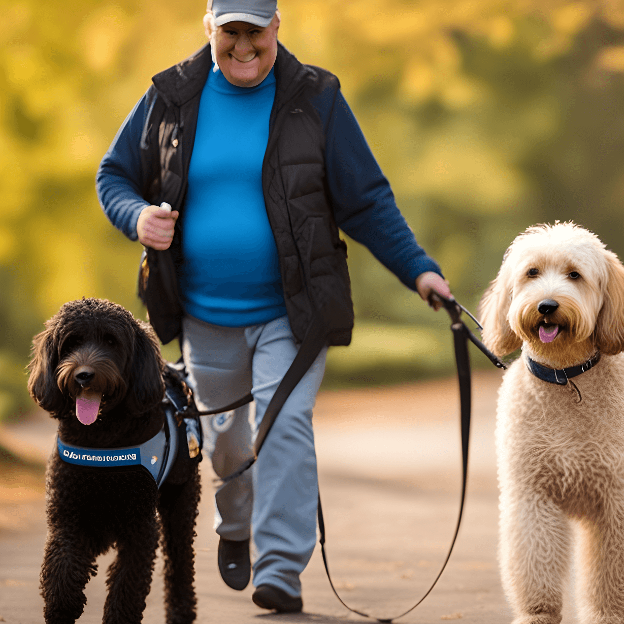 Labradoodle in a Guide Dog Vest Leading Its Owner