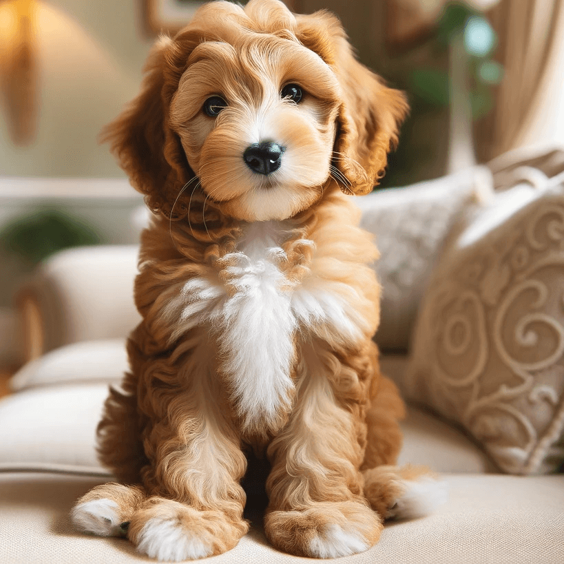 Adorable Labradoodle Puppy with a Fluffy Caramel-Colored Coat Sitting on a Cream-Colored Sofa