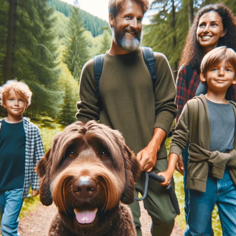 Labradoodle with a diverse family on a hike