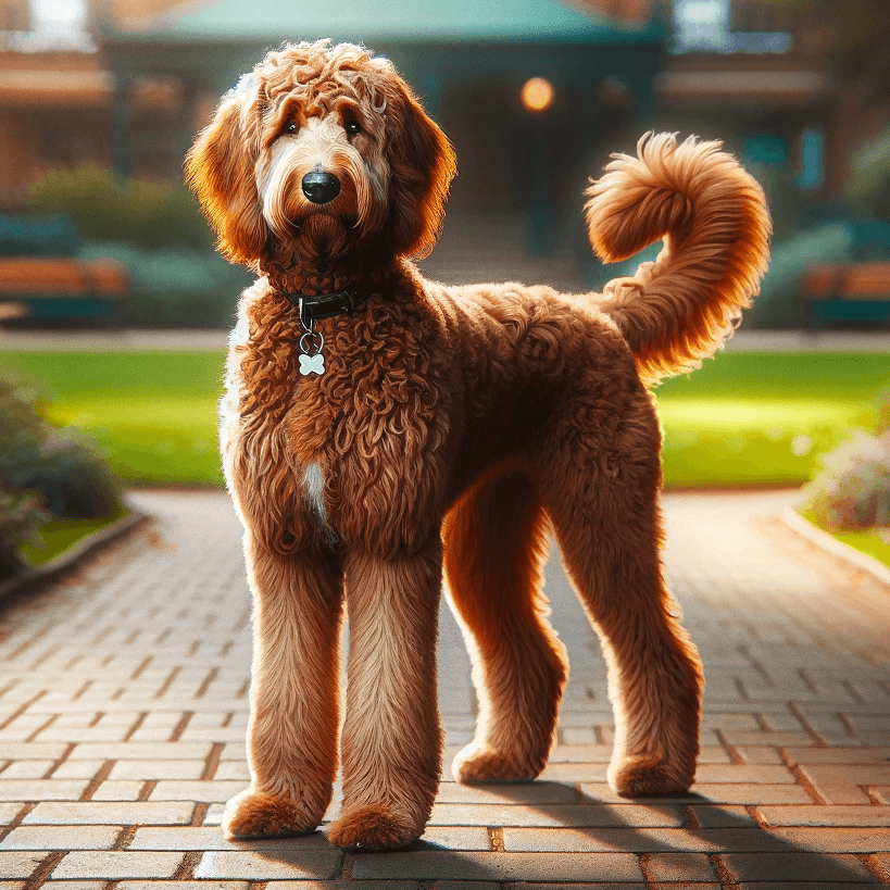 Labradoodle with a Curly Reddish-Brown Coat Standing Proudly on a Brick Pathway