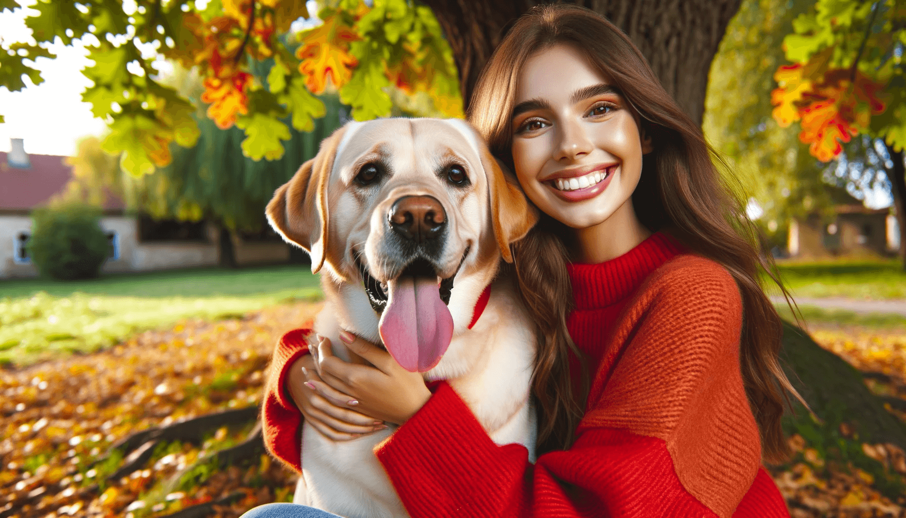 Labrador Retriever (Labradorii) with its tongue out being embraced by a cheerful young woman in a park.