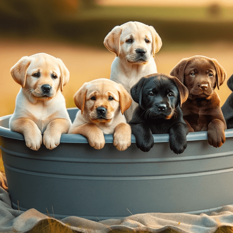 Labrador Retriever Puppies in a Gray Tub on a Grassy Field During Golden Hour