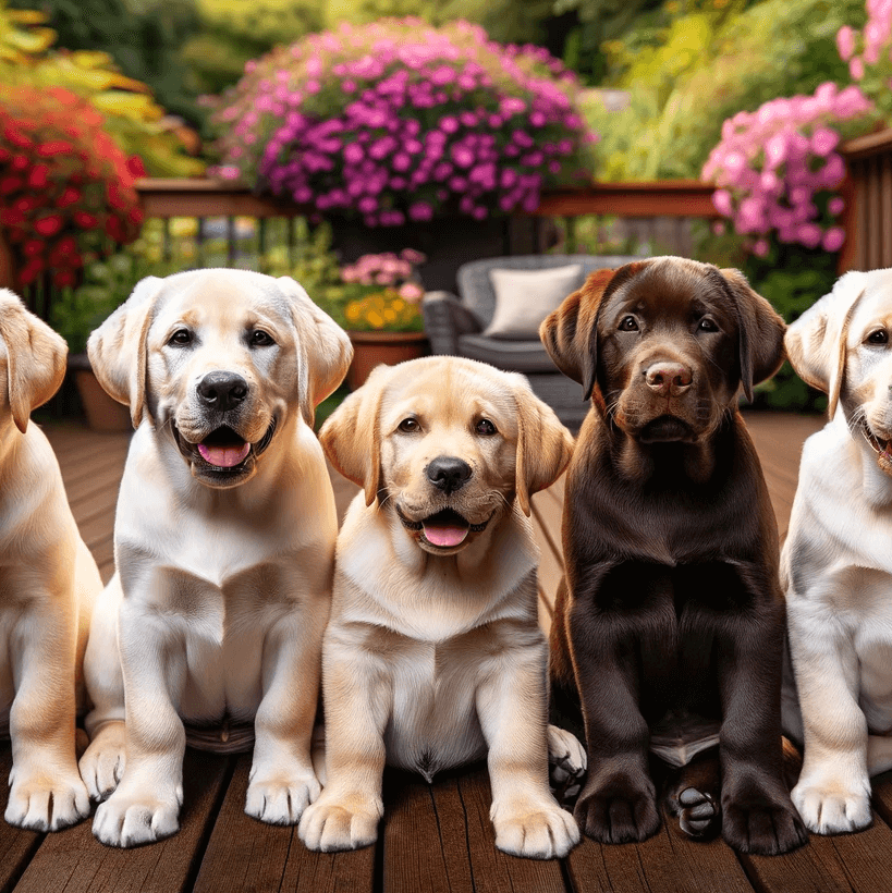 Labrador Retriever Puppies on a Wooden Deck - Full Spectrum Coat Colors