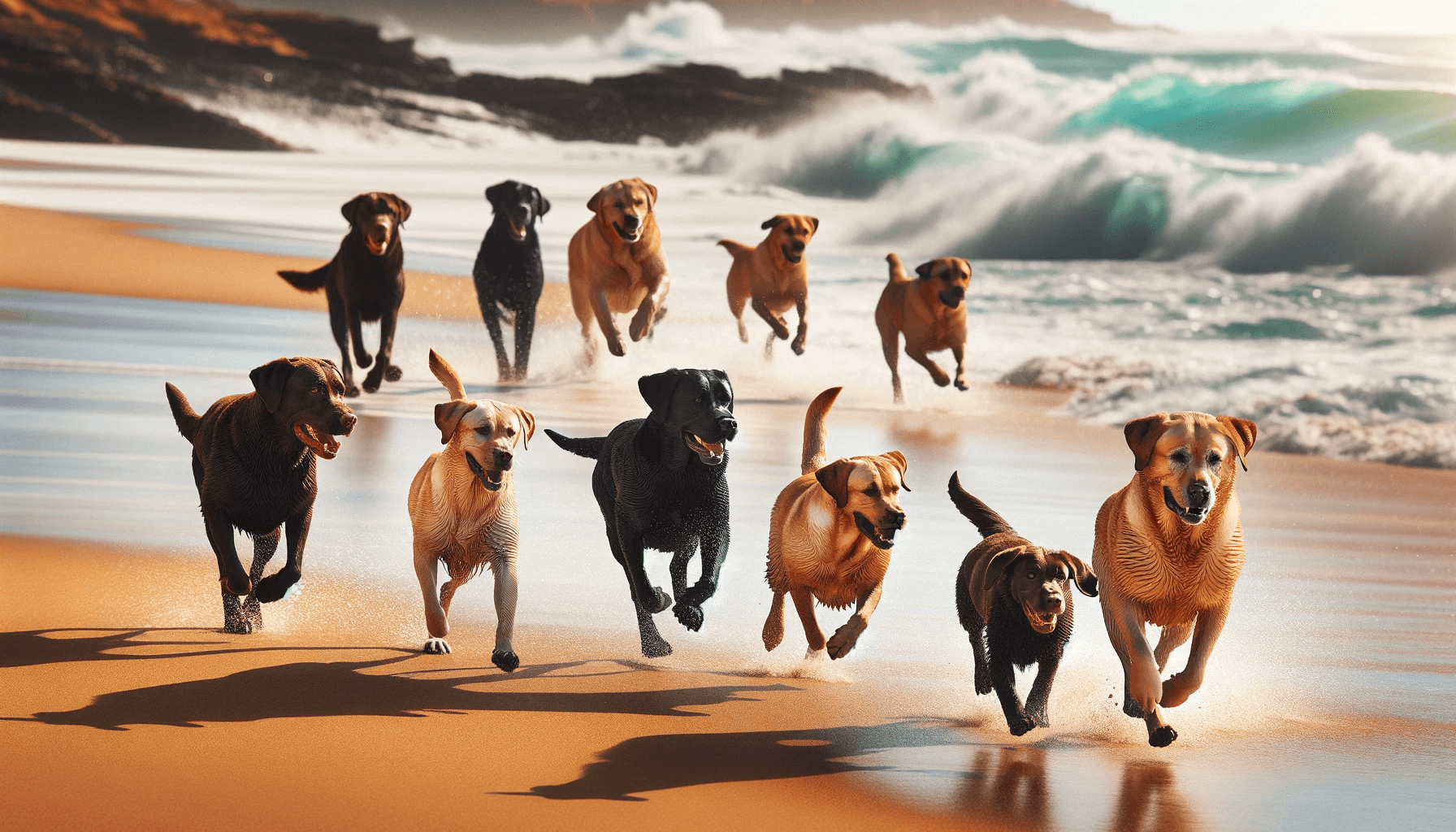 Labrador Retrievers (Labradorii) running along the beach, showcasing their love for outdoor adventures with waves crashing in the background. The scene captures several Labradors in motion.