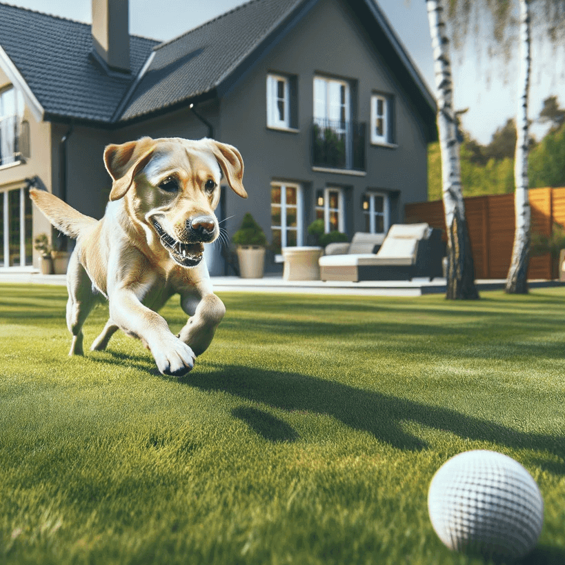 Labrador happily playing fetch in a family backyard