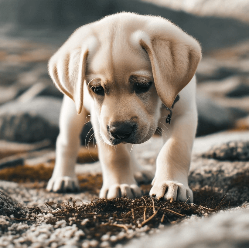 Labrador Puppy Explores a Rugged Outdoor Landscape