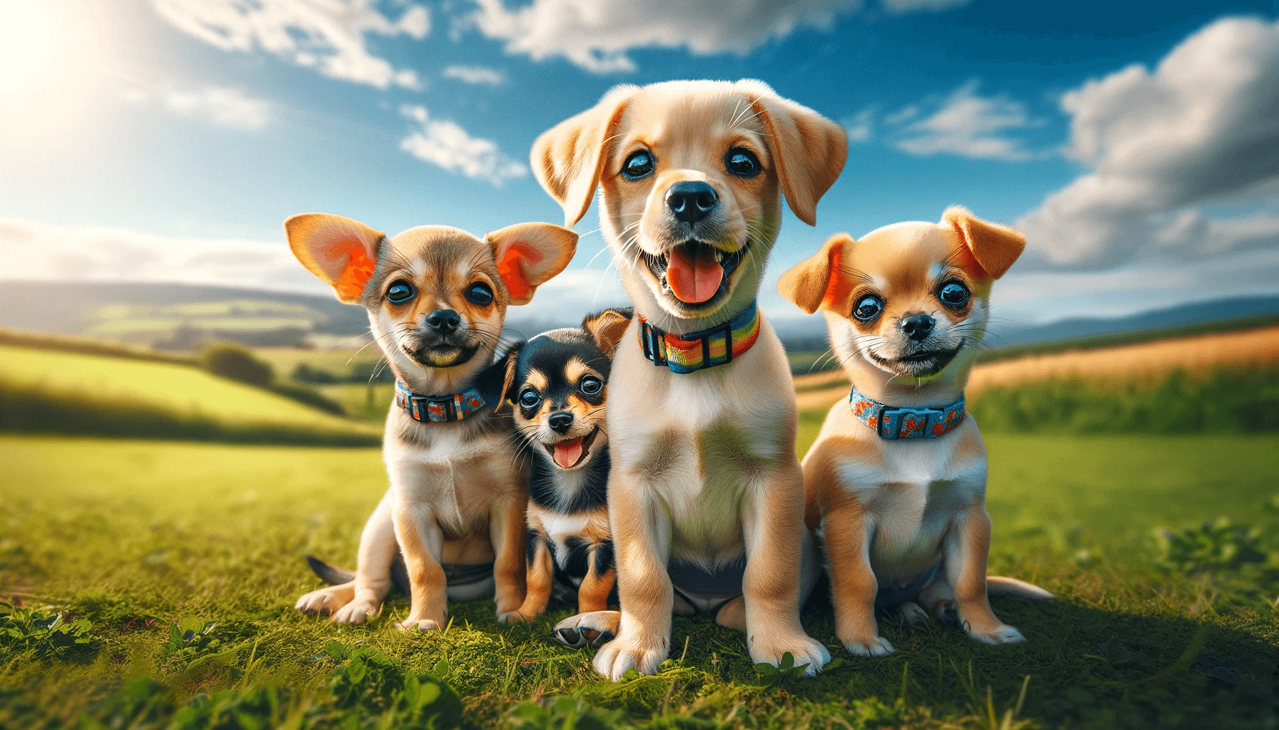 Labrahuahua puppies sitting together on a lush green field under a clear blue sky