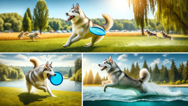 Labsky dog enjoying various physical activities including running fetch and swimming