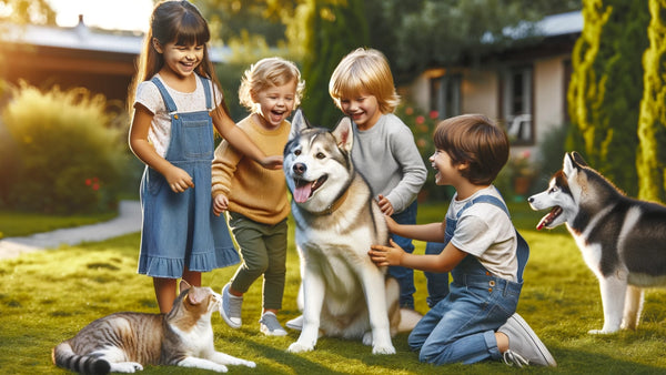 Labsky dog interacting lovingly with children and other pets displaying their friendliness