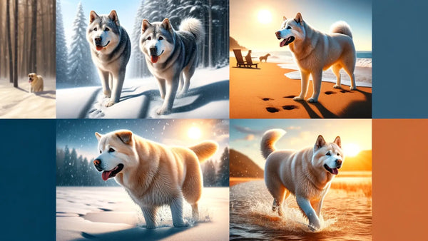 Labsky dogs in different seasonal environments highlighting their adaptability to weather changes