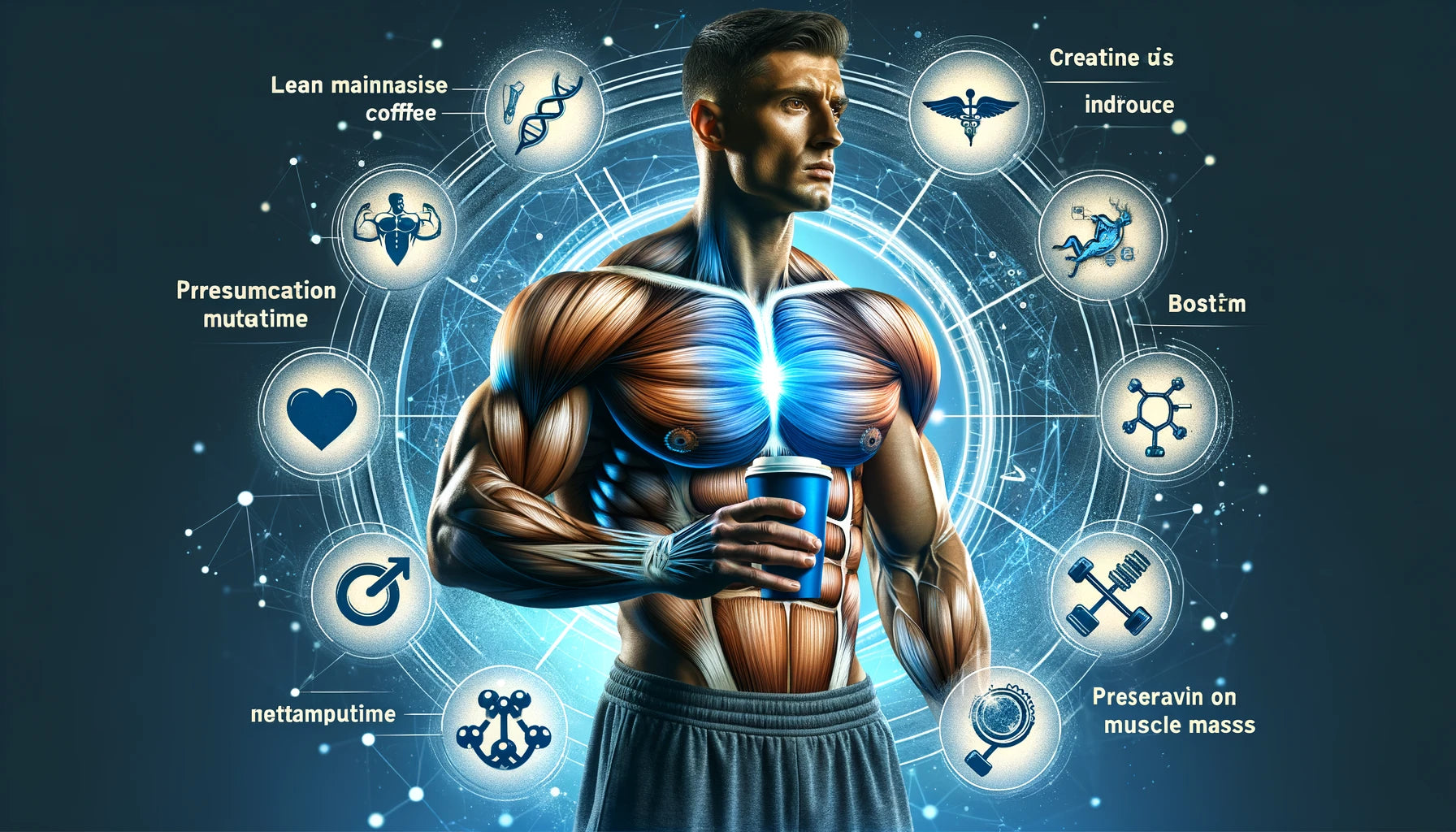 Lean Muscle Maintenance - An athletic figure with a highlighted muscular system holding a cup of creatine coffee.