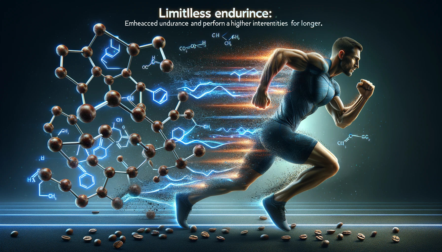 Limitless Endurance - An athlete mid-performance with a trail of creatine and coffee molecules boosting their energy, depicting the enhanced endurance.