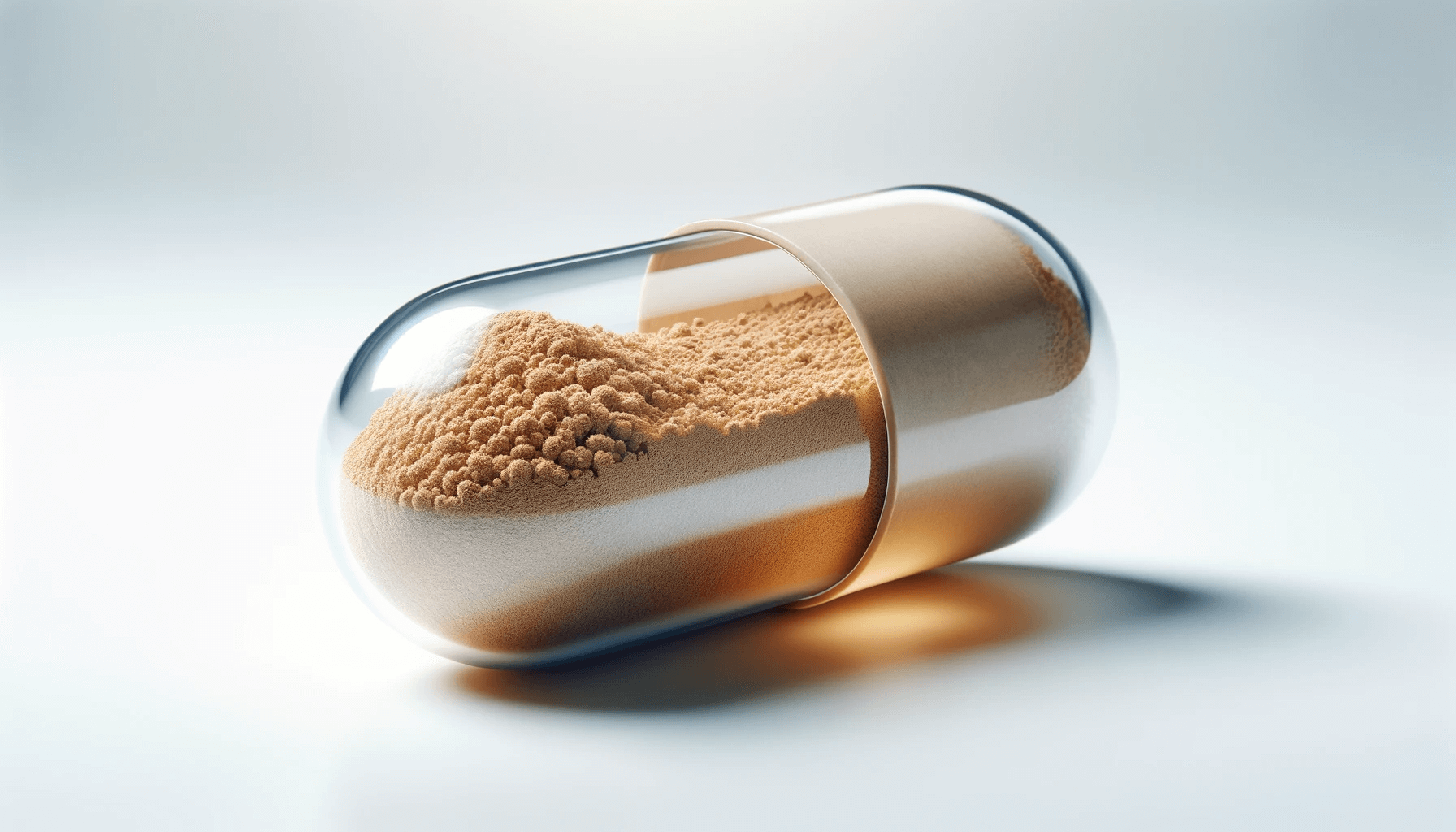 Lion's Mane Mushroom Extract capsule with the extract powder visible inside set against a white background. The capsule is transparent, allowing the extract powder to be seen.