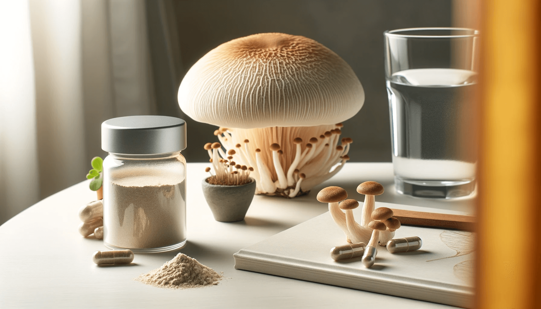 Lion's Mane mushroom capsule and powder displayed on a clean white surface with a glass of water. In the background, there's a small potted Lion's Mane mushroom plant.