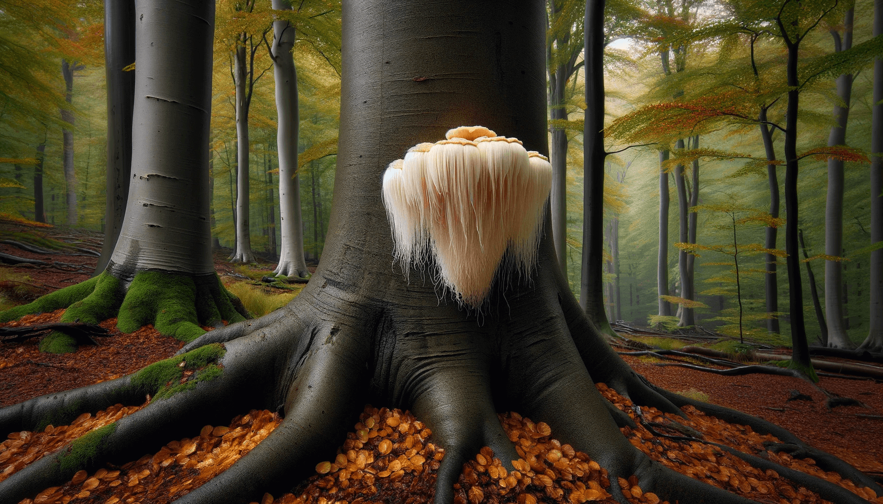 Lion's Mane mushroom growing high on the trunk of a large living tree. The mushroom stands out as a white beacon against the dark bark of the tree.