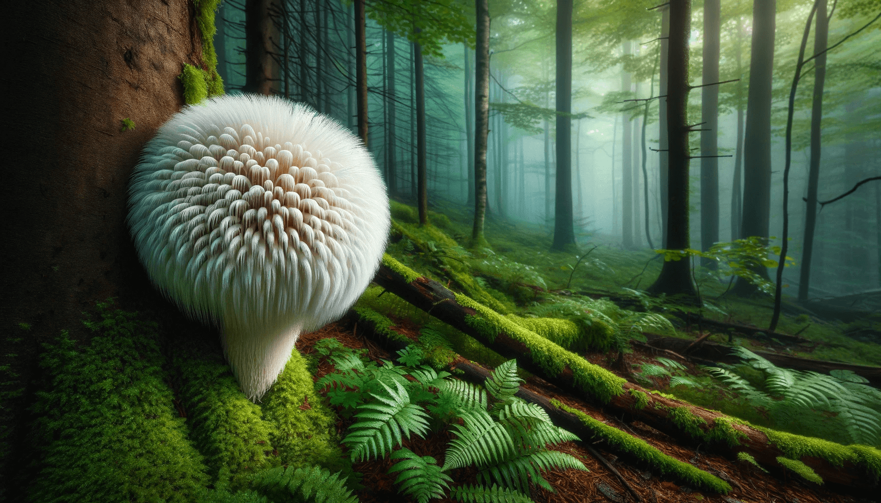 Lion's Mane mushroom growing on the side of a hardwood tree in a dense, misty forest. The mushroom has a bright white, shaggy appearance, resembling a lion's mane.